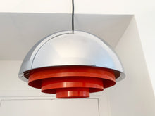 Load image into Gallery viewer, Pendant Designed By Jo Hammerborg In The 70's! This Chrome and Red Lamp Was Produced In Denmark By Fog & Morup.