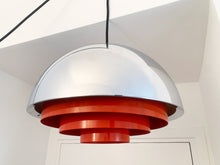 Load image into Gallery viewer, Pendant Designed By Jo Hammerborg In The 70&#39;s! This Chrome and Red Lamp Was Produced In Denmark By Fog &amp; Morup.

