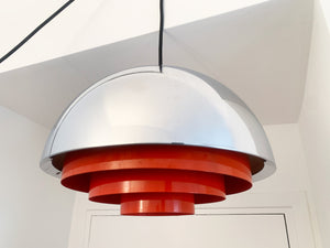 Pendant Designed By Jo Hammerborg In The 70's! This Chrome and Red Lamp Was Produced In Denmark By Fog & Morup.