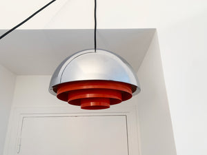 Pendant Designed By Jo Hammerborg In The 70's! This Chrome and Red Lamp Was Produced In Denmark By Fog & Morup.