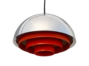 Pendant Designed By Jo Hammerborg In The 70's! This Chrome and Red Lamp Was Produced In Denmark By Fog & Morup.